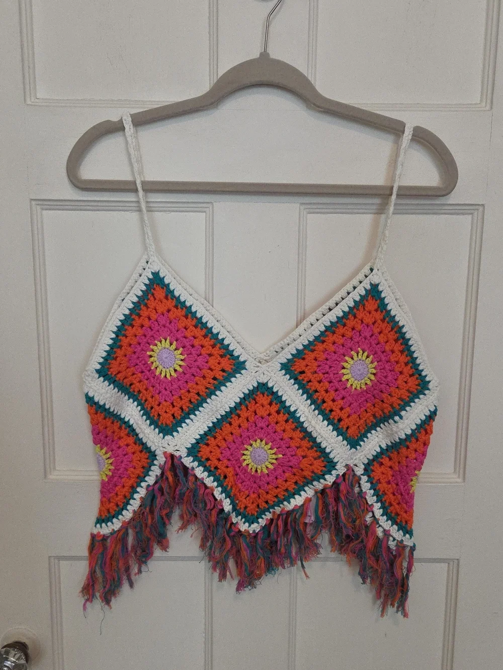Self Contrast Dixie Crochet Camisole Knit Fringe Hem Top In Happy Colors SZ Med - Picture 4 of 16